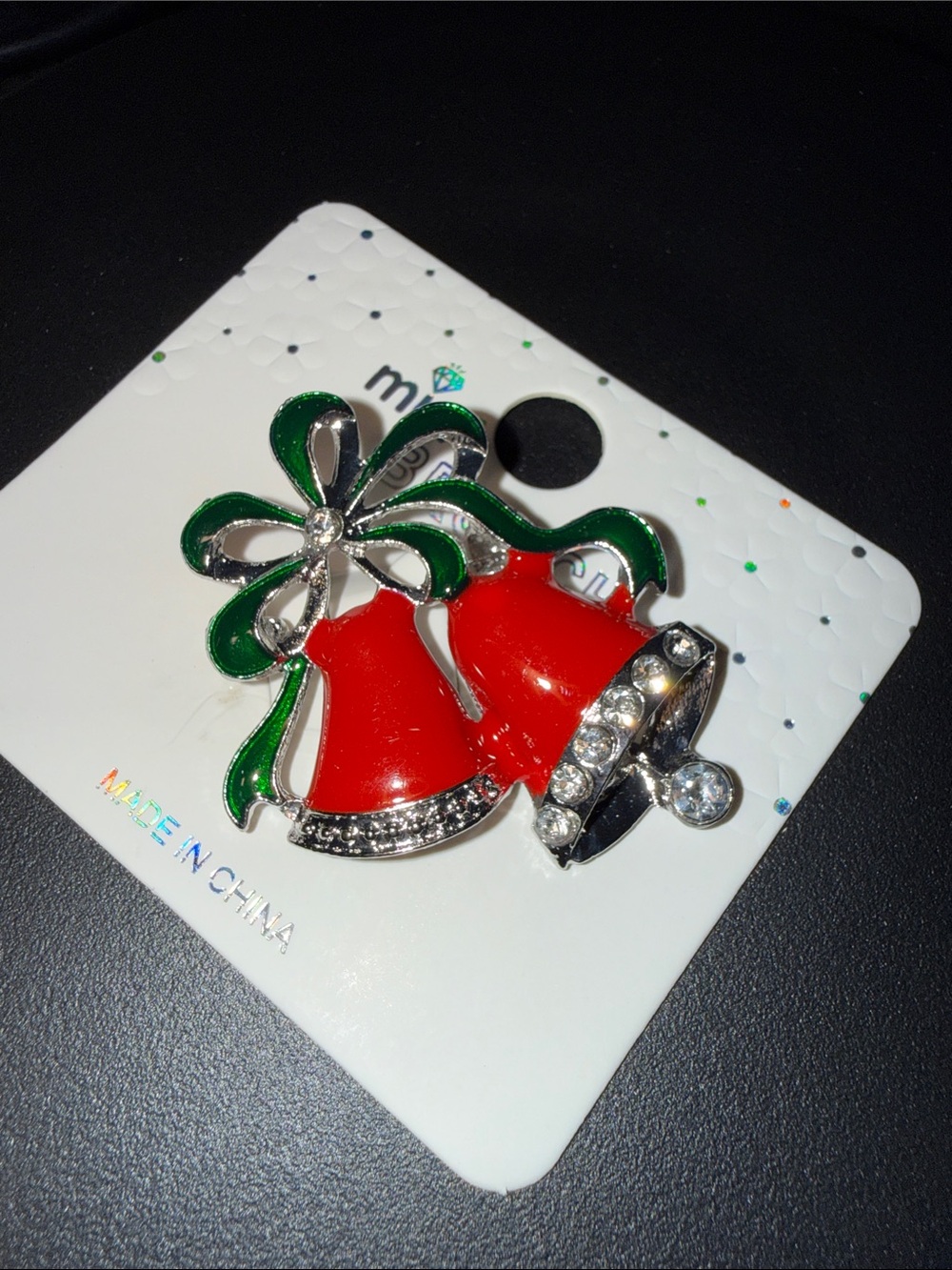 Mint Red Bell Brooch with Green Bow and Rhinestones